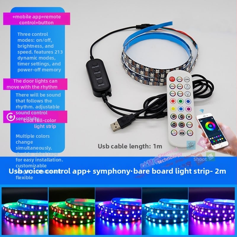 LED лента за компютърно бюро - самозалепваща, USB захранване, 5V вход, 12W, управление чрез приложение, IP65