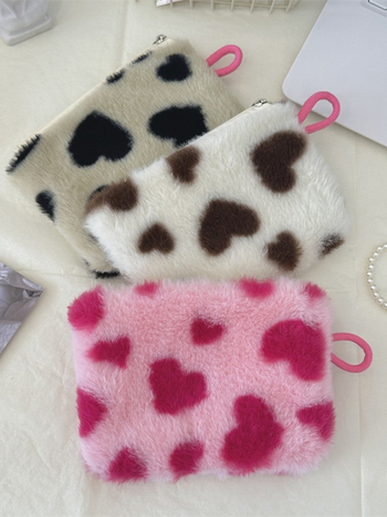 Poșetă cosmetică cu inimă de pluș, model în dungi, căptușeală din pânză, pentru femei