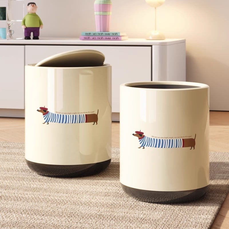 Dachshundo įkvėpta šiukšlių dėžė su svyrančiu dangteliu, dviejų sluoksnių cilindrinis dizainas, 12 L+ talpa namų naudojimui