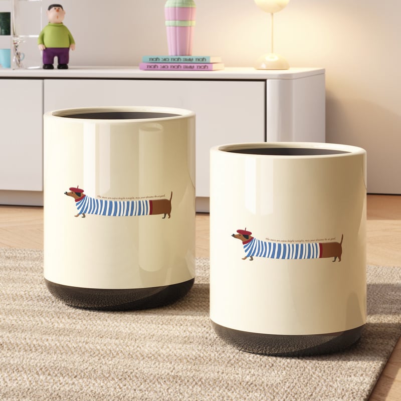 Dachshundo įkvėpta šiukšlių dėžė su svyrančiu dangteliu, dviejų sluoksnių cilindrinis dizainas, 12 L+ talpa namų naudojimui