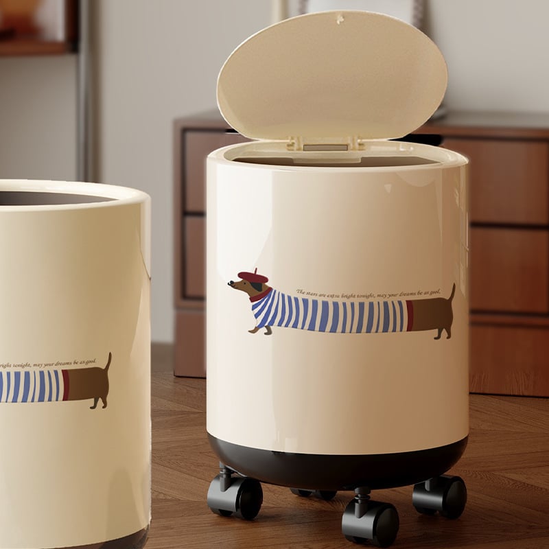 Dachshundo įkvėpta šiukšlių dėžė su svyrančiu dangteliu, dviejų sluoksnių cilindrinis dizainas, 12 L+ talpa namų naudojimui