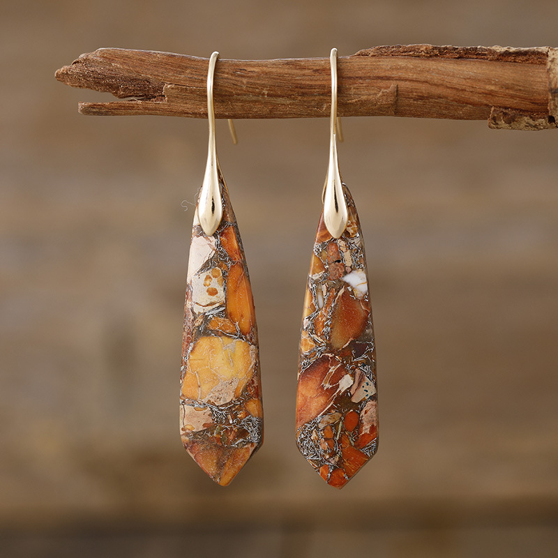 Обeци - Бохемски геометрични висящи обици с императорски камък, метал