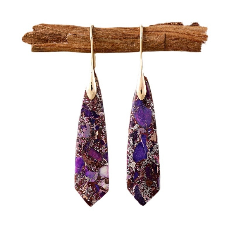 Обeци - Бохемски геометрични висящи обици с императорски камък, метал