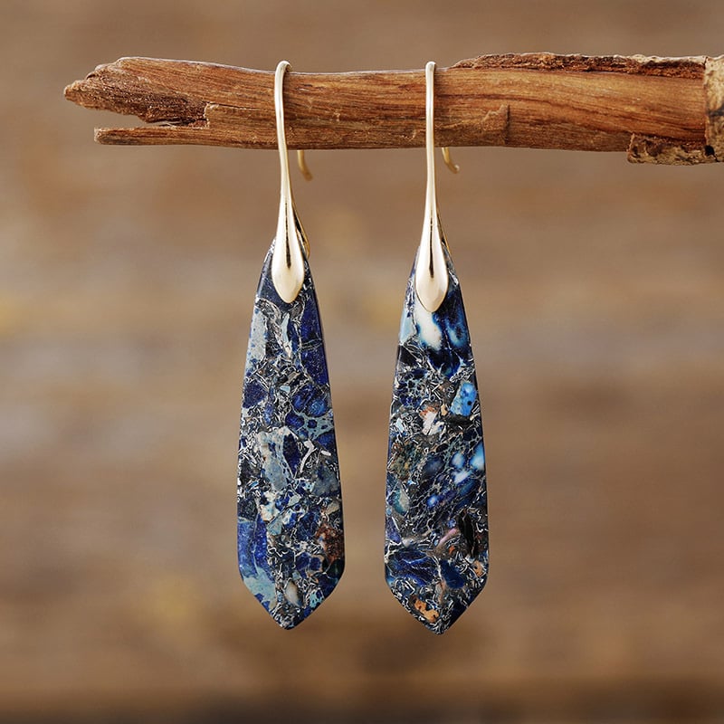 Обeци - Бохемски геометрични висящи обици с императорски камък, метал