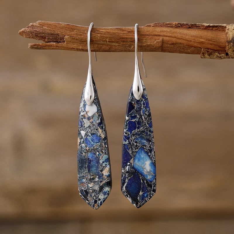 Обeци - Бохемски геометрични висящи обици с императорски камък, метал