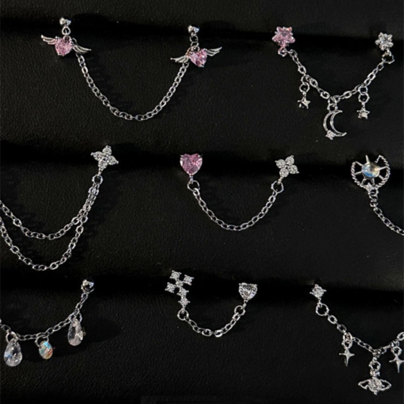 Sieviešu titāna tērauda auskari ar divām caurumiem, garš slāņots ķēdīte, zvaigznītes forma, elektroplēšana