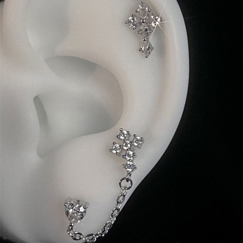 Sieviešu titāna tērauda auskari ar divām caurumiem, garš slāņots ķēdīte, zvaigznītes forma, elektroplēšana