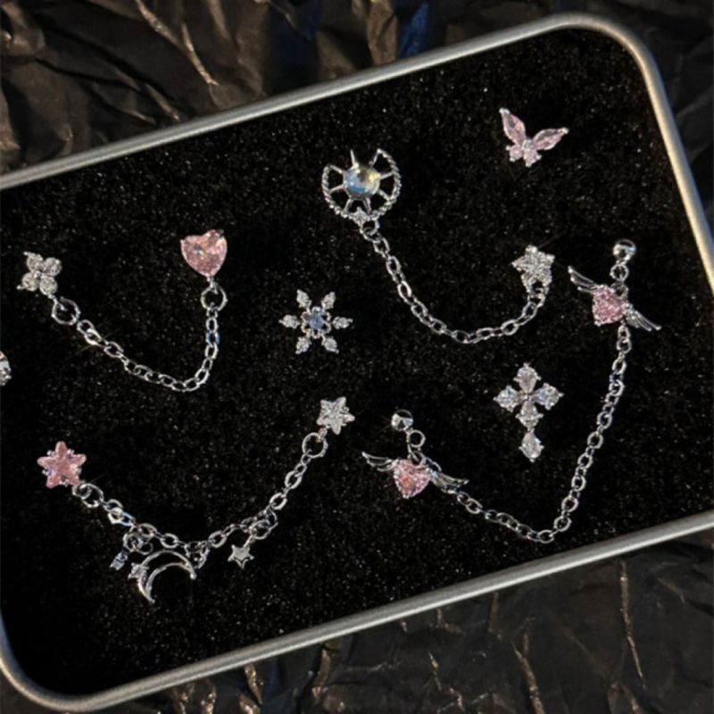 Sieviešu titāna tērauda auskari ar divām caurumiem, garš slāņots ķēdīte, zvaigznītes forma, elektroplēšana