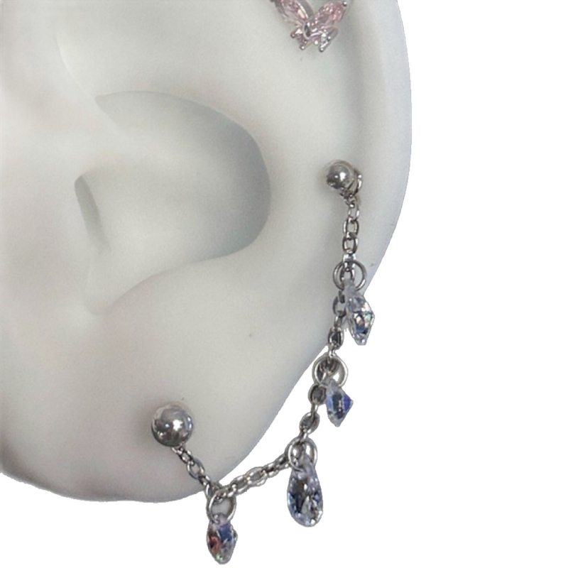 Sieviešu titāna tērauda auskari ar divām caurumiem, garš slāņots ķēdīte, zvaigznītes forma, elektroplēšana