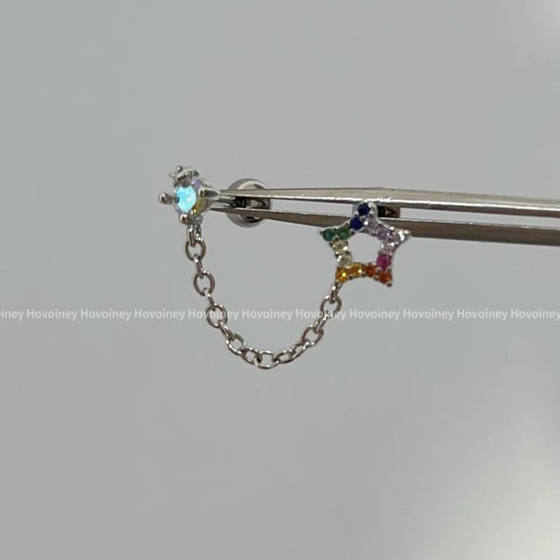 Sieviešu titāna tērauda auskari ar divām caurumiem, garš slāņots ķēdīte, zvaigznītes forma, elektroplēšana