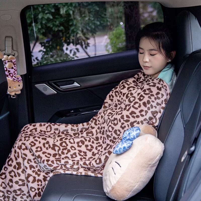 Κουβέρτα από φλίς κοραλλιού σε καρτούν στυλ, 260 g, σετ με μαξιλάρι αυχένα αυτοκινήτου και κάλυμμα ζώνης