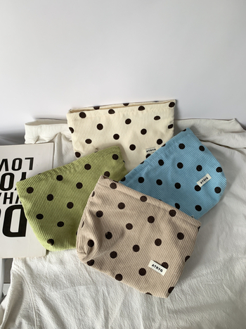 Geantă de cosmetic corduroy cu model buline și față zâmbitoare, căptușeală din pânză, spațiu pentru chei, telefon și portofel