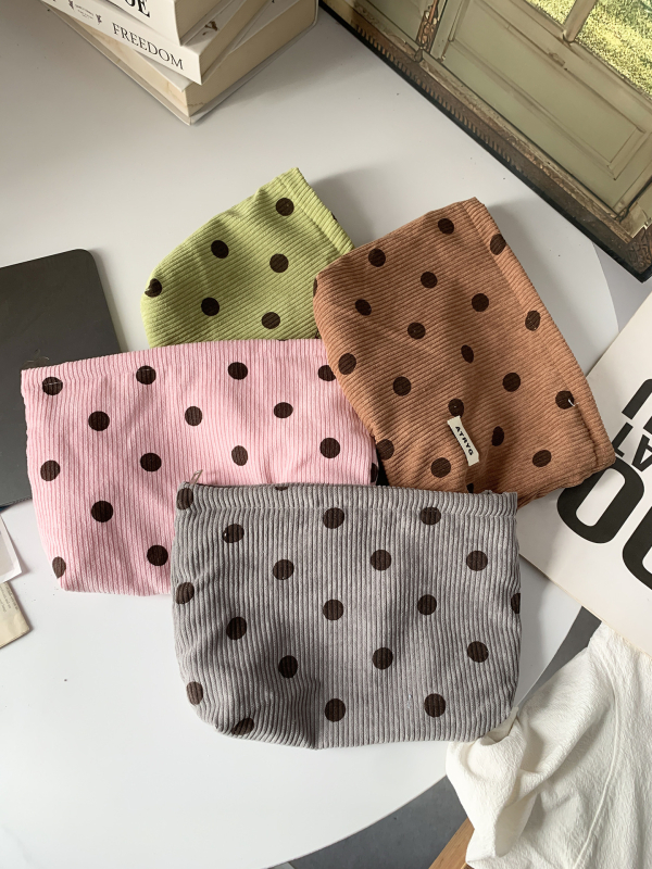 Geantă de cosmetic corduroy cu model buline și față zâmbitoare, căptușeală din pânză, spațiu pentru chei, telefon și portofel