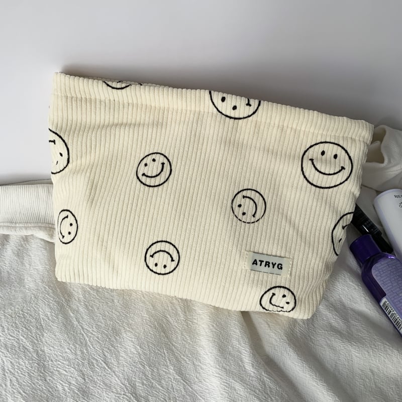 Geantă de cosmetic corduroy cu model buline și față zâmbitoare, căptușeală din pânză, spațiu pentru chei, telefon și portofel