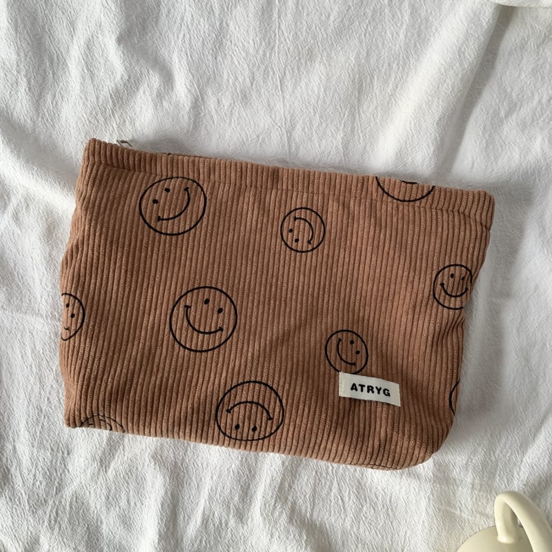 Geantă de cosmetic corduroy cu model buline și față zâmbitoare, căptușeală din pânză, spațiu pentru chei, telefon și portofel