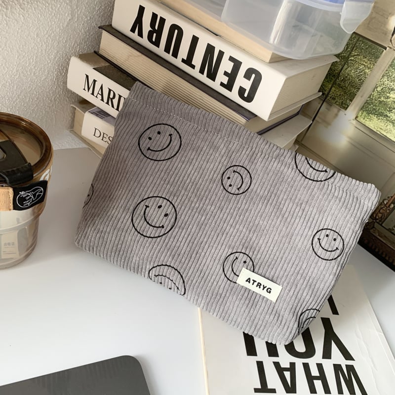 Geantă de cosmetic corduroy cu model buline și față zâmbitoare, căptușeală din pânză, spațiu pentru chei, telefon și portofel