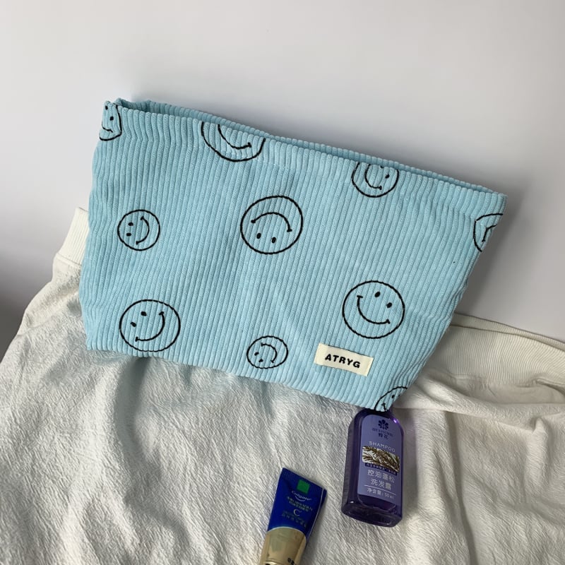 Geantă de cosmetic corduroy cu model buline și față zâmbitoare, căptușeală din pânză, spațiu pentru chei, telefon și portofel