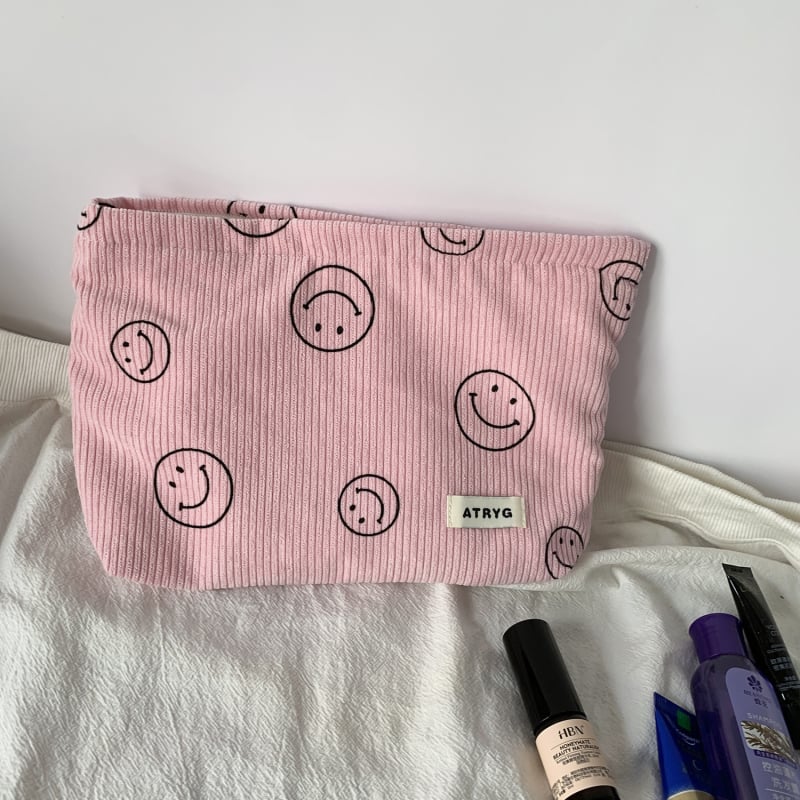 Geantă de cosmetic corduroy cu model buline și față zâmbitoare, căptușeală din pânză, spațiu pentru chei, telefon și portofel