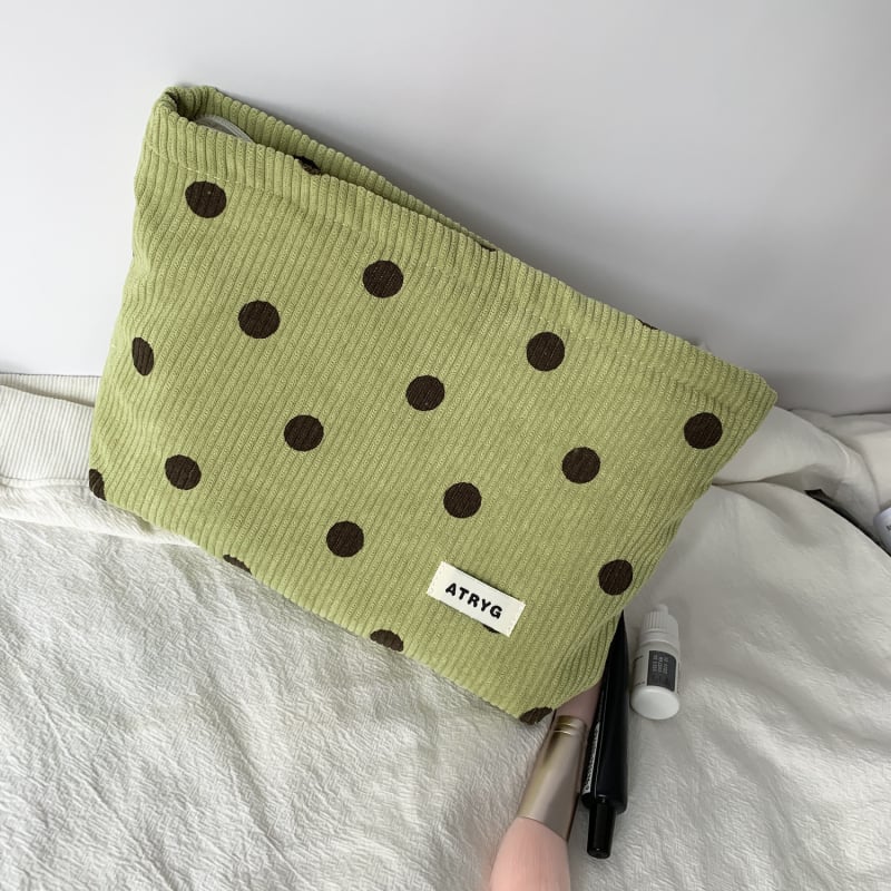 Geantă de cosmetic corduroy cu model buline și față zâmbitoare, căptușeală din pânză, spațiu pentru chei, telefon și portofel