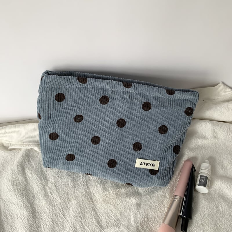 Geantă de cosmetic corduroy cu model buline și față zâmbitoare, căptușeală din pânză, spațiu pentru chei, telefon și portofel