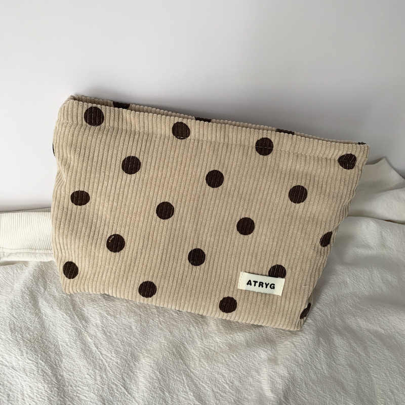 Geantă de cosmetic corduroy cu model buline și față zâmbitoare, căptușeală din pânză, spațiu pentru chei, telefon și portofel