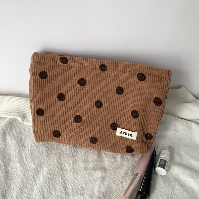 Geantă de cosmetic corduroy cu model buline și față zâmbitoare, căptușeală din pânză, spațiu pentru chei, telefon și portofel