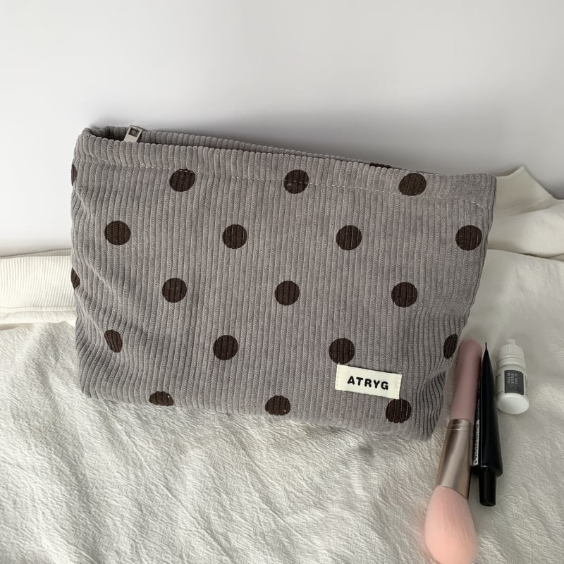 Geantă de cosmetic corduroy cu model buline și față zâmbitoare, căptușeală din pânză, spațiu pentru chei, telefon și portofel