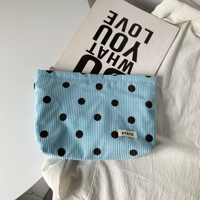 Geantă de cosmetic corduroy cu model buline și față zâmbitoare, căptușeală din pânză, spațiu pentru chei, telefon și portofel
