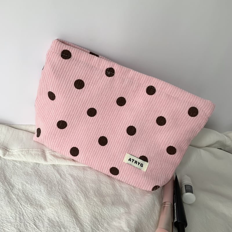 Geantă de cosmetic corduroy cu model buline și față zâmbitoare, căptușeală din pânză, spațiu pentru chei, telefon și portofel