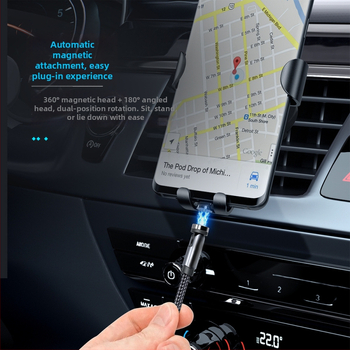 Μαγνητικό καλώδιο δεδομένων με περιστρεφόμενη κεφαλή 540°, υποστηρίζει Lightning, Micro USB και Type-C, γρήγορη φόρτιση έως 2A, υφαντή σχεδίαση