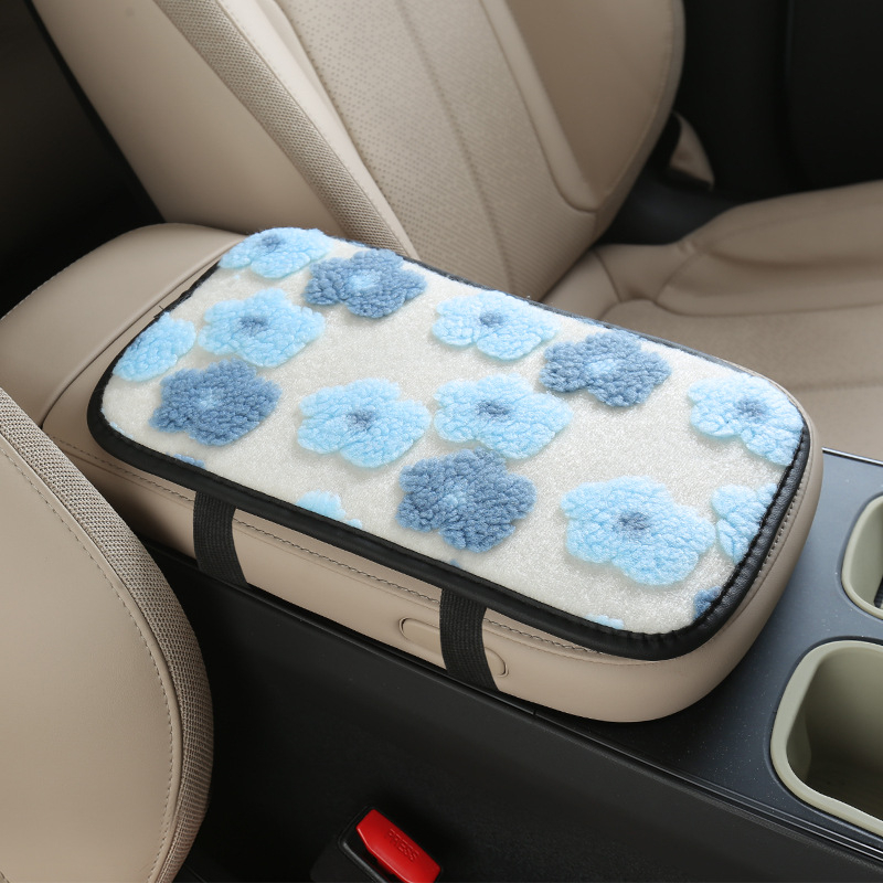 Ženská zimná podložka na lakťovú opierku auta z plyšu s motívom malých kvetov a vreckom na skladovanie — Tianchen; pôvod Zhejiang; univerzálne použitie; bez prispôsobenia