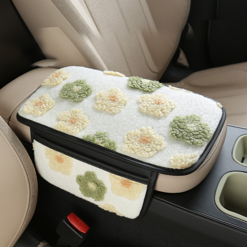 Ženská zimná podložka na lakťovú opierku auta z plyšu s motívom malých kvetov a vreckom na skladovanie — Tianchen; pôvod Zhejiang; univerzálne použitie; bez prispôsobenia