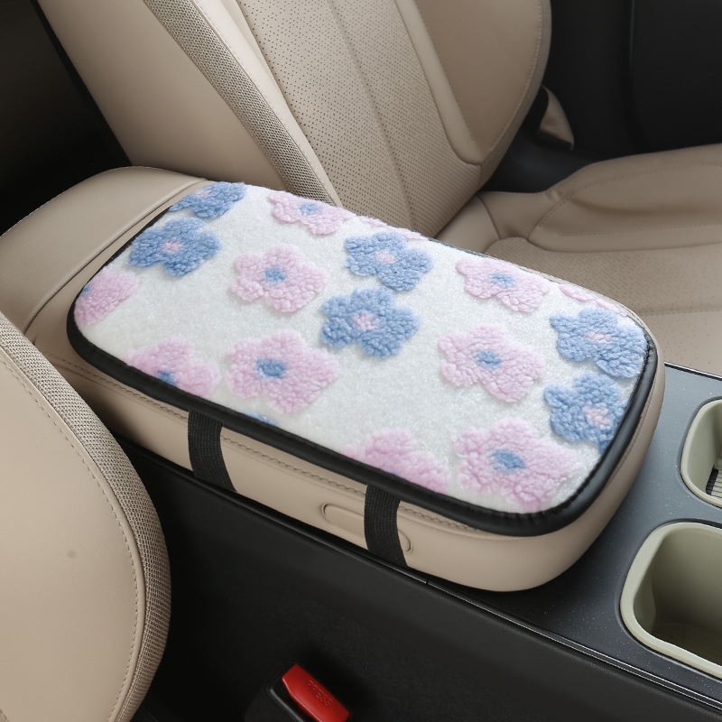 Ženská zimná podložka na lakťovú opierku auta z plyšu s motívom malých kvetov a vreckom na skladovanie — Tianchen; pôvod Zhejiang; univerzálne použitie; bez prispôsobenia