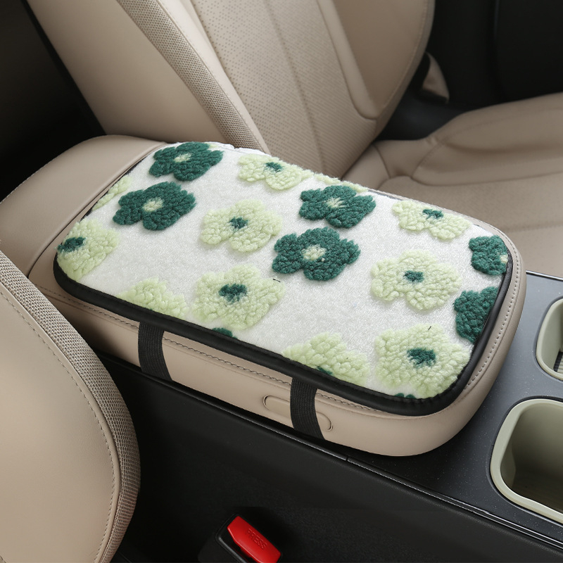 Ženská zimná podložka na lakťovú opierku auta z plyšu s motívom malých kvetov a vreckom na skladovanie — Tianchen; pôvod Zhejiang; univerzálne použitie; bez prispôsobenia