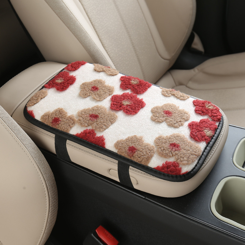 Ženská zimná podložka na lakťovú opierku auta z plyšu s motívom malých kvetov a vreckom na skladovanie — Tianchen; pôvod Zhejiang; univerzálne použitie; bez prispôsobenia