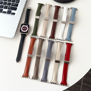 Brățară din piele naturală cu model diamantat pentru Apple Watch Series 8/9, închidere magnetică, interfață 22 mm