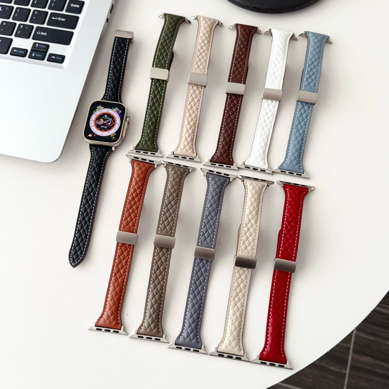 Brățară din piele naturală cu model diamantat pentru Apple Watch Series 8/9, închidere magnetică, interfață 22 mm