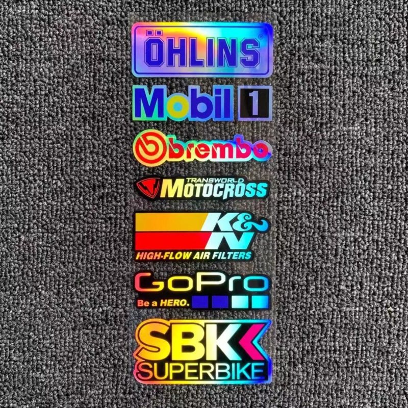 Motocikla un ķivere uzlīmju komplekts ar atstarojumu lāzera efektu, sacensību sponsoru uzlīmēm