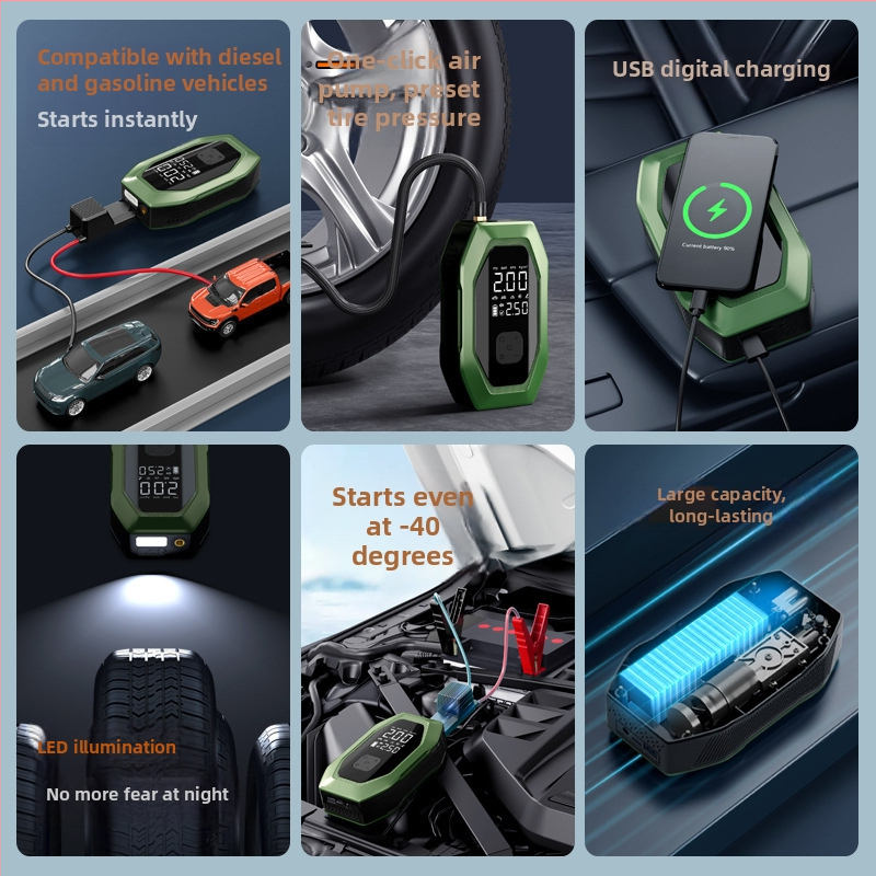 Автомобилно аварийно захранване с безжична помпа за надуване - 12V DC, 6A, под 80W, поток въздуха 35 л/мин, цифров дисплей