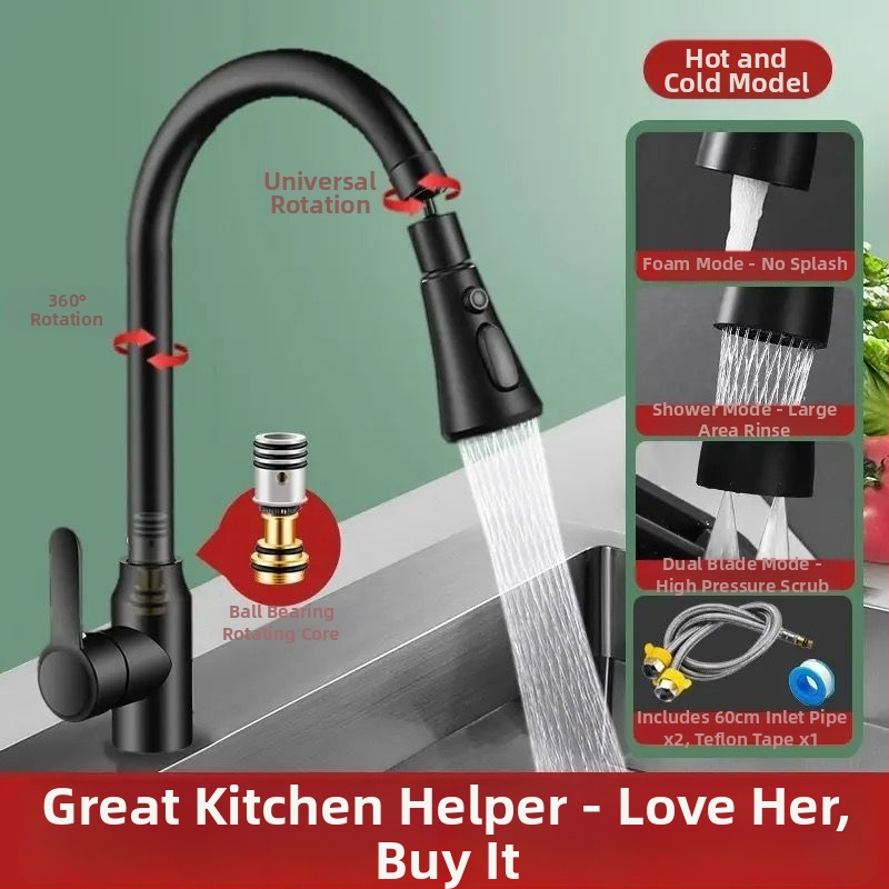 Robinet bucătărie cu apă caldă și rece, jet rotativ, finisaj sablat mat, certificare Watermarks, deschidere spirală, construcție triplă