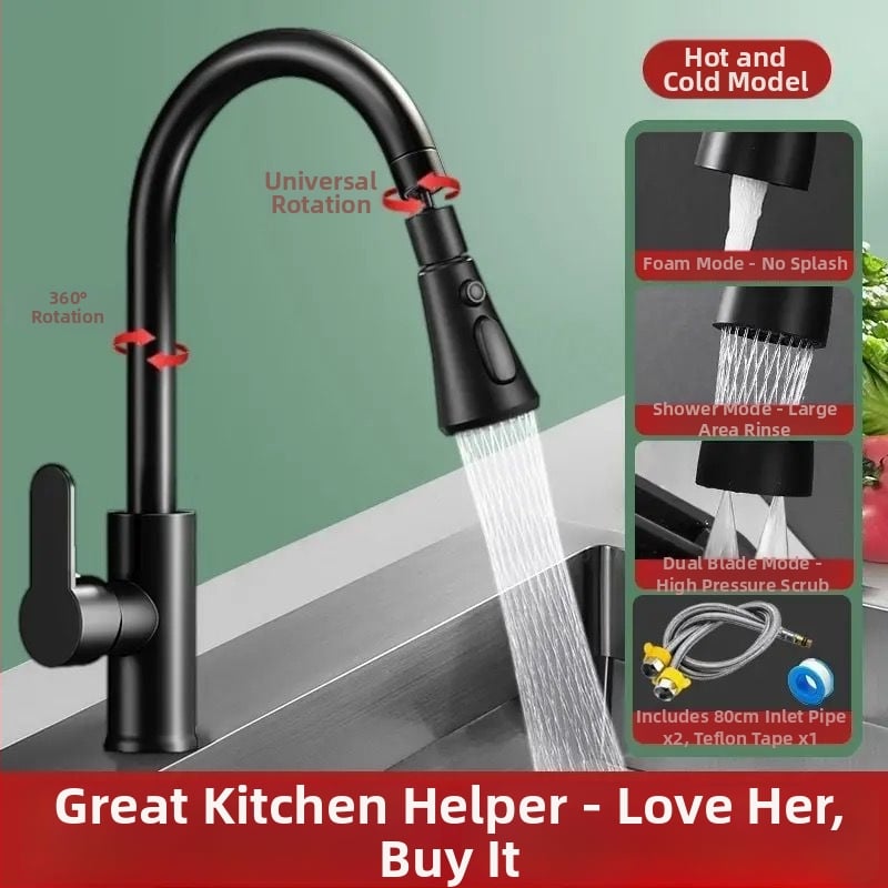 Robinet bucătărie cu apă caldă și rece, jet rotativ, finisaj sablat mat, certificare Watermarks, deschidere spirală, construcție triplă