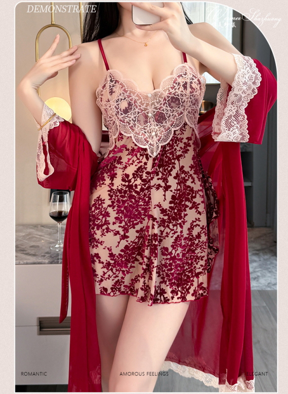 Bársonyas camisole-stílusú hálóing, V-nyakkal, fodros ujjak, szoknyahossz