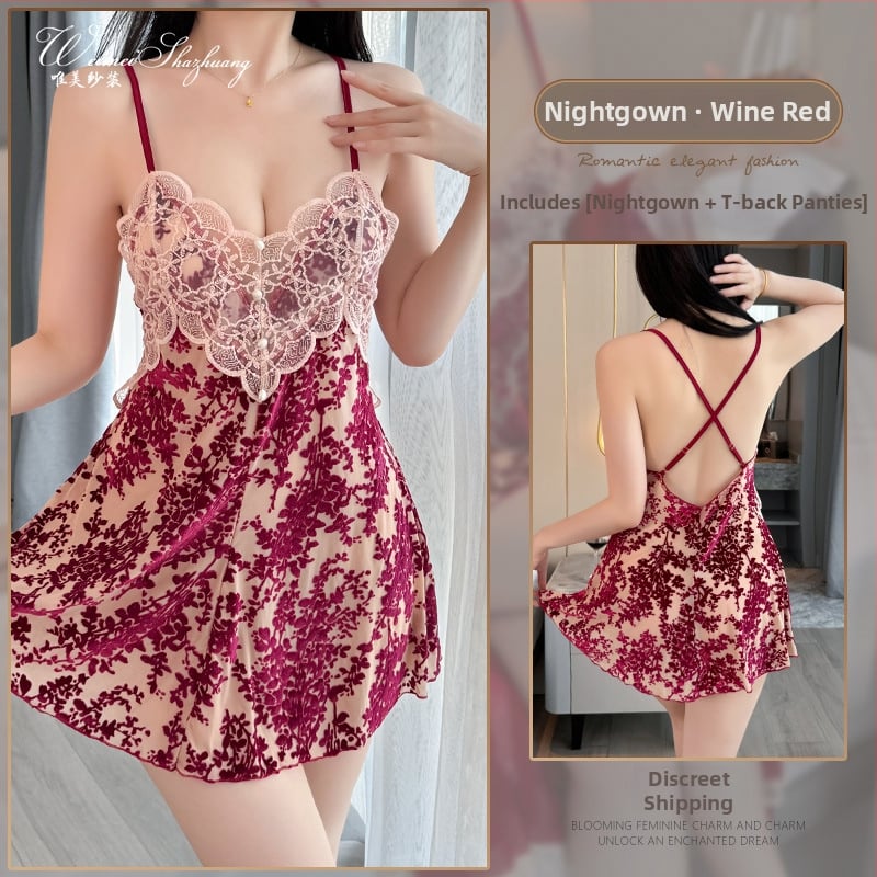 Bársonyas camisole-stílusú hálóing, V-nyakkal, fodros ujjak, szoknyahossz