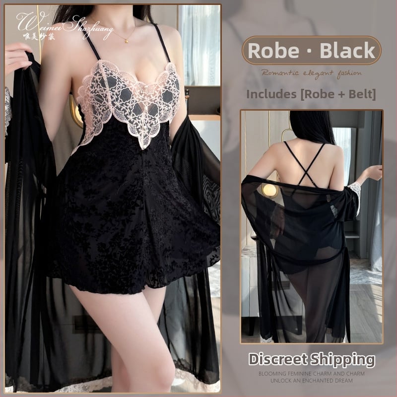 Bársonyas camisole-stílusú hálóing, V-nyakkal, fodros ujjak, szoknyahossz