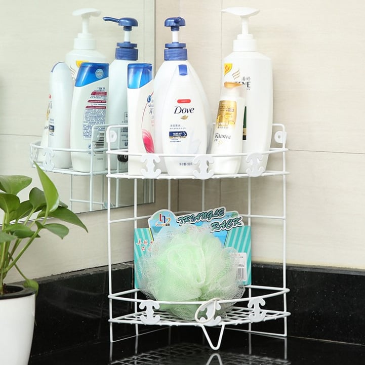 Fără găuri: Raft triunghiular pentru baie, montat în colț, din fier forjat, cu mai multe niveluri