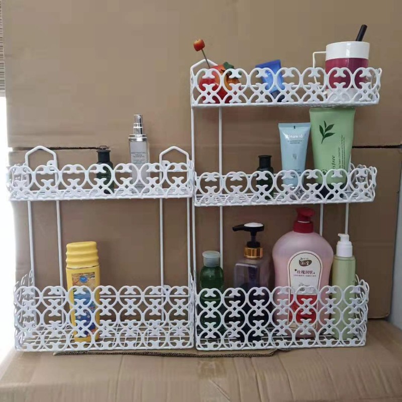 Fără găuri: Raft triunghiular pentru baie, montat în colț, din fier forjat, cu mai multe niveluri