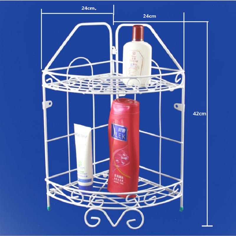 Fără găuri: Raft triunghiular pentru baie, montat în colț, din fier forjat, cu mai multe niveluri