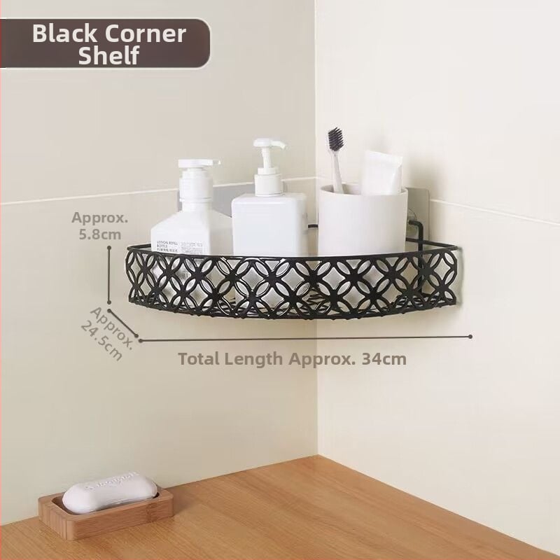 Fără găuri: Raft triunghiular pentru baie, montat în colț, din fier forjat, cu mai multe niveluri