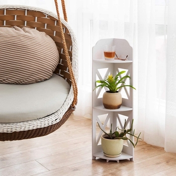 3-etasni kutni stalak za pod - multifunkcionalan, lagano premještanje, otporan na vlagu; materijal: PVC-drevo-plastika ploča; minimalistički stil