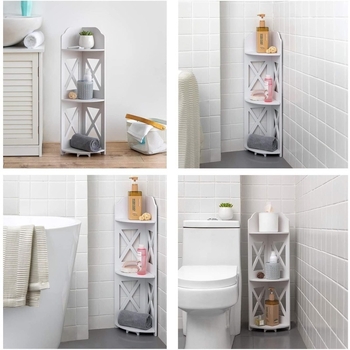 3-etasni kutni stalak za pod - multifunkcionalan, lagano premještanje, otporan na vlagu; materijal: PVC-drevo-plastika ploča; minimalistički stil